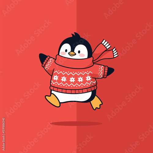 A joyful penguin adorned in a cozy knitted sweater and scarf enjoys a lively winter stroll