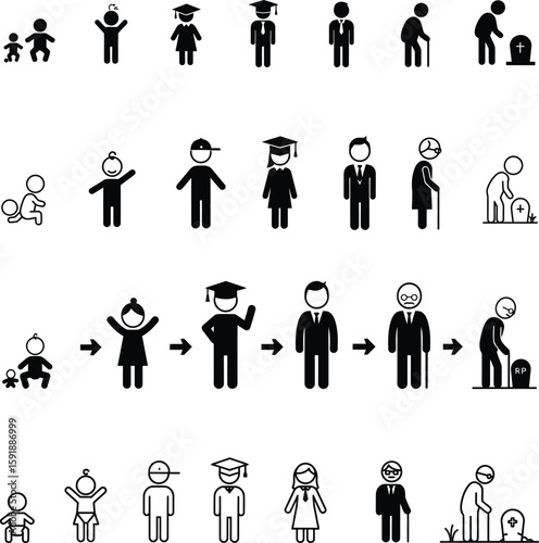 Life Cycle and Aging Process Vector Icon Set, Stages of Human Life Pictogram