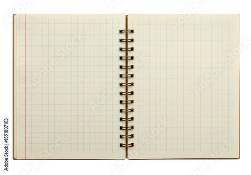 An open notebook with grid paper and a spiral binding, isolated on a transparent background
