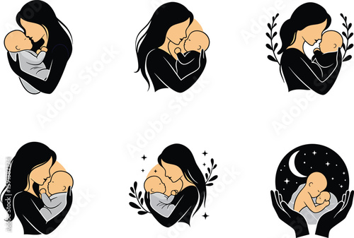 Mother and Baby Logo Set, Motherhood and Newborn Vector Collection