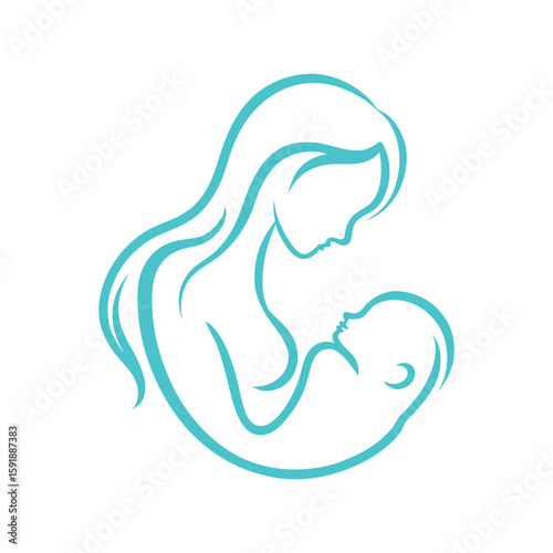 Minimalist Mother and Baby Embrace Outline, Nurturing Love and Care Symbol
