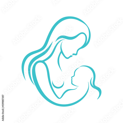 Minimalist Mother and Baby Embrace Outline, Nurturing Love and Care Symbol