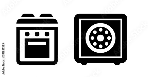 Black and white icons: stove and secure safe, minimalist design.