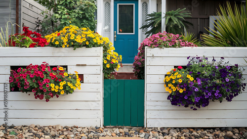 White wooden fence with colorful flowers and green gate