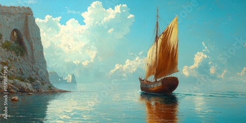 Wooden sailing ship with large white sails on calm sea during sunrise with distant mountains and scattered clouds. Generative by AI.