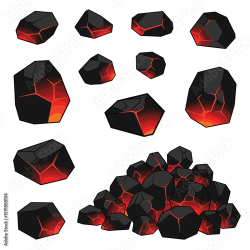 Collection of glowing hot volcanic rocks and ember fragments for digital art and game development