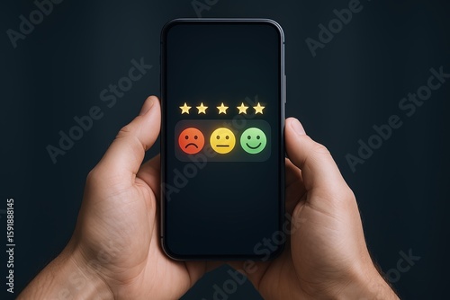 Wallpaper Mural Close-up of handheld smartphone displaying a five-star rating with happy and sad emoticons. Torontodigital.ca