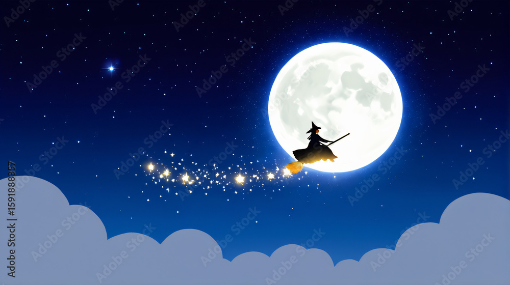 Naklejka premium in a vibrant and twinkling night sky, a shadowy figure soars across th