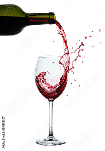 Deep red wine pouring dynamically from a dark green bottle into a crystal glass, with frozen splashes and droplets, against a transparent studio background with copy space, concept for premium