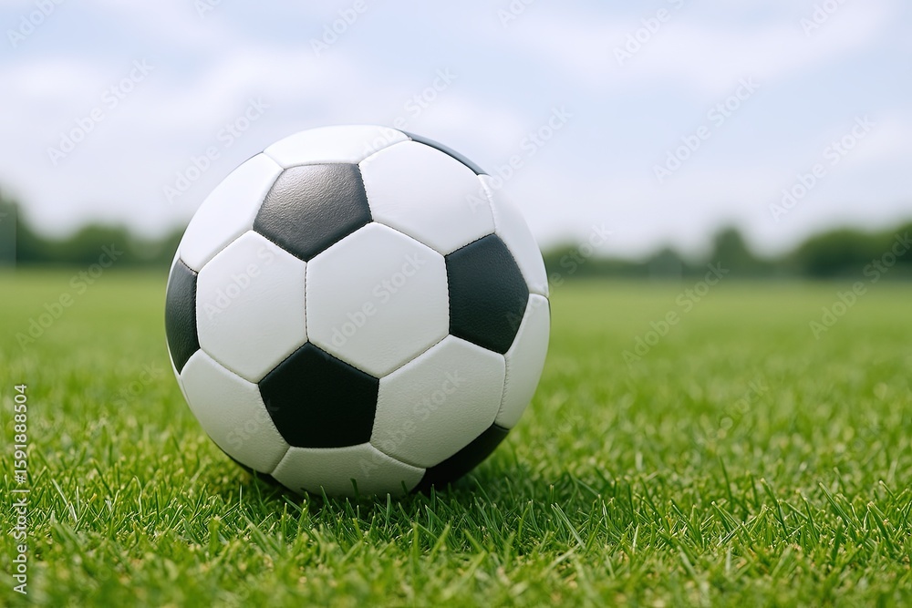 Fototapeta premium Classic black and white soccer ball resting on vibrant green grass field in daylight.