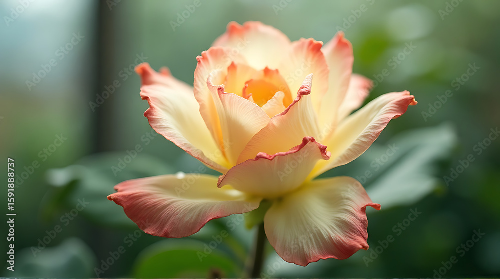 Fototapeta premium Delicate peach rose close-up on blurred green background for romantic cards and floral prints.