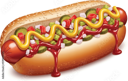A cartoon hotdog with ketchup mustard pickles and onions on a sesame seed bun on white background