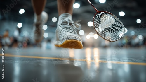 A badminton player mid-jump smash with racket in motion and core muscles engaged, shuttlecock struck with precision under dramatic lighting.