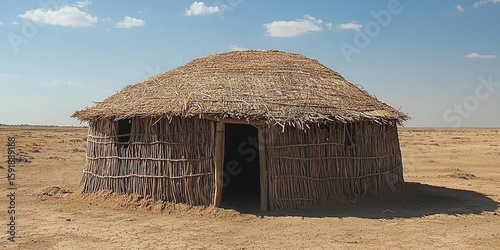 Small simple hut built with woven reeds and thatch roof standing alone on dry desert landscape under clear sky with distant hills. Generative by AI.
