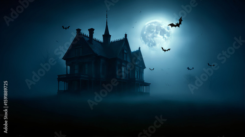 the image depicts a dark, spooky scene with an old, victorian style ho