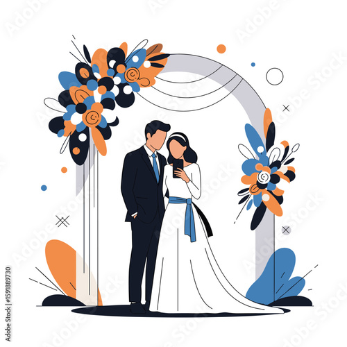 A joyful wedding celebration under a beautifully decorated archway with a newly married couple