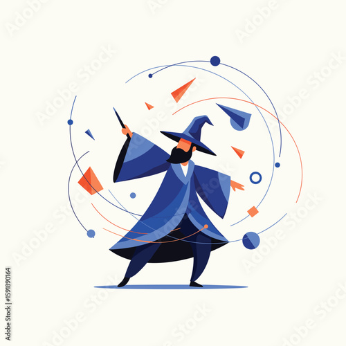 A mystical sorcerer conjures enchanting geometric forms amidst abstract orbits of celestial magic and cosmic energy