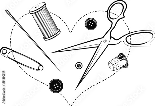 Embroidered heart and sewing accessories. Symbol for sewing and cutting