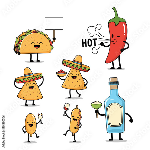 Funny mexican food and drink characters celebrating together with a hot chili pepper and tequila