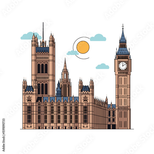 Iconic gothic revival architecture of the palace of westminster on a sunny day