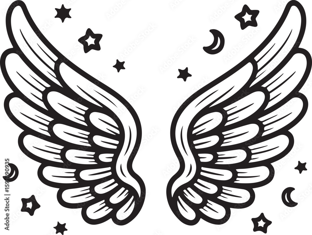 Fototapeta premium Black and White Vector Set of 10 Fantasy Hand-Drawn Wings — Doodle Style Angel and Fairy Wing Illustrations