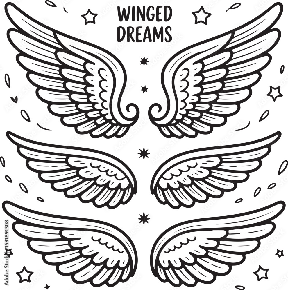 Obraz premium Black and White Vector Set of 10 Fantasy Hand-Drawn Wings — Doodle Style Angel and Fairy Wing Illustrations