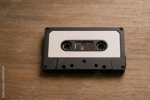 Close-up of a vintage analog cassette tape lying on a wooden surface for music recording.