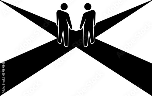 A symbol of complete breakup and irreconcilability. Two figures stand at a fork in the road, their paths diverging in opposite directions, representing the impossibility of continuing on the same path