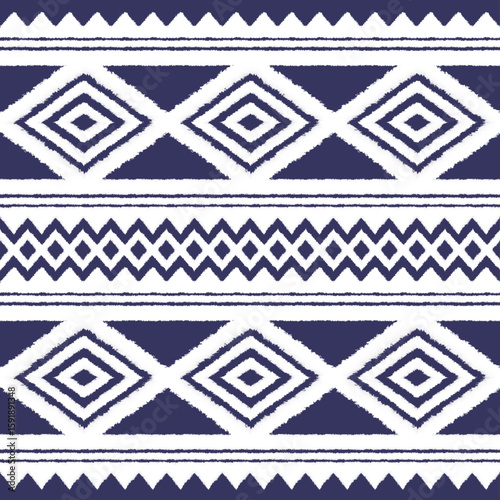 Tribal pattern with diamond and zigzag motifs in navy blue and white geometric ethnic abstract