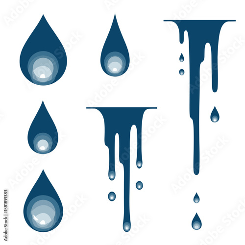 Collection of dripping blue water droplets and icons illustrating liquid flow and hydration