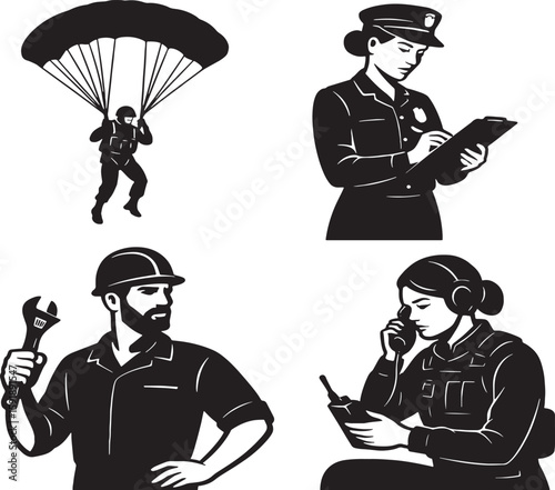 Black and White Soldier Silhouette Vector Set – Military Action Poses