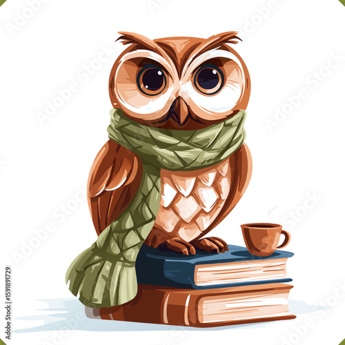 Vector illustration of a cute owl in green scarf sitting on books with a cup of tea, in warm autumn colors and cartoon vector style on white background