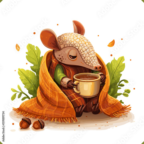 Vector illustration of a cute armadillo in green blanket with hot drink and autumn leaves, cozy warm style, perfect for fall decor and seasonal designs, isolated on white background