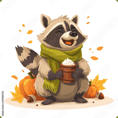 Vector illustration of a cute raccoon with a green scarf holding a cup of hot drink, surrounded by pumpkins and autumn leaves, cozy style, perfect for seasonal design, isolated on white background