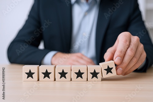 Businessman reviewing and stacking star rating blocks to assess customer feedback.