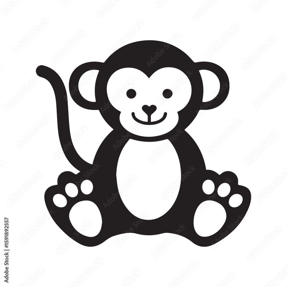Naklejka premium Cute cartoon monkey icon, black and white smiling primate silhouette. Vector graphic character, simple logo for zoo or kids.