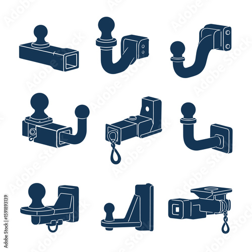 Collection of various automotive trailer hitches and towing accessories showing different designs and mounting options for versatile vehicle applications