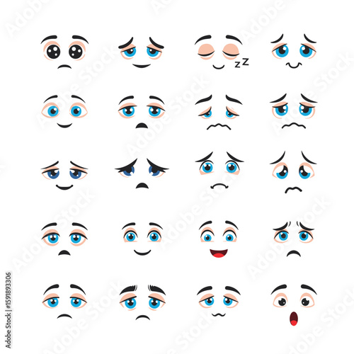 Collection of animated facial expressions depicting various emotions and moods