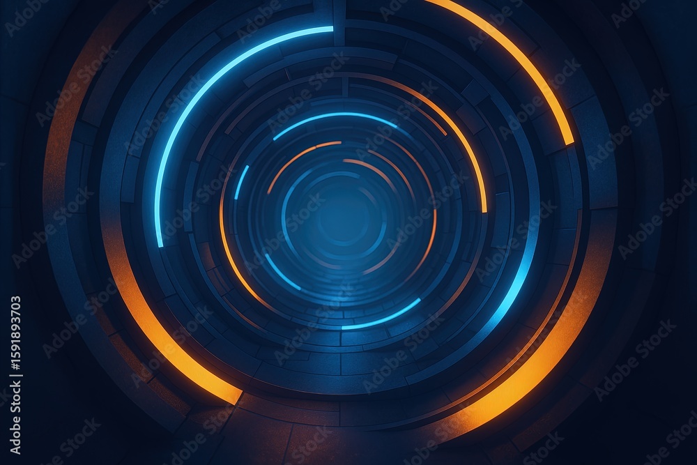 Fototapeta premium Futuristic glowing ring tunnel with vibrant neon light effects in a dark setting.