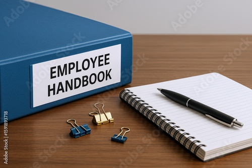Office workspace with employee handbook notebooks pens paper clips and organizational materials on desk.