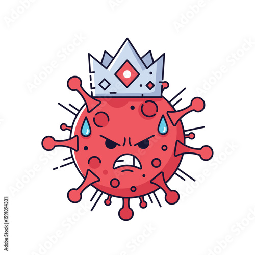 The aggressive cartoon coronavirus character depicted as a king wearing a crown showing anger and stress
