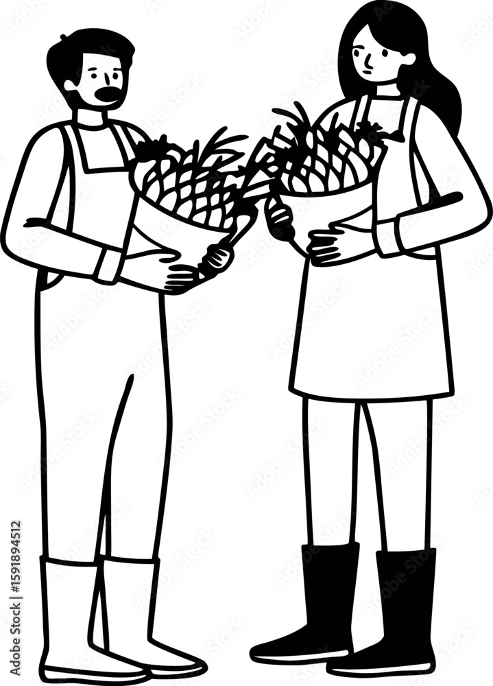 Happy Farmers Holding Fresh Harvest – Minimal Black and White Farming Character Illustration with Organic Produce Happy Farmers Holding Fresh Harvest – Minimal Black and White Farming Character Illustration with Organic Produce