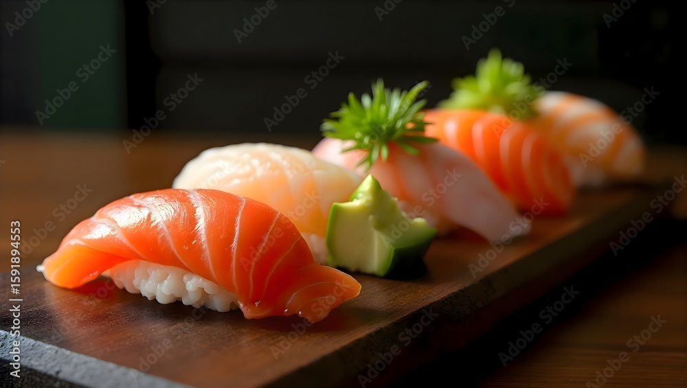 Three sushi pieces displayed on a wooden board, arranged in a minimalistic and traditional Japanese food style Three sushi pieces displayed on a wooden board, arranged in a minimalistic and traditional Japanese food style