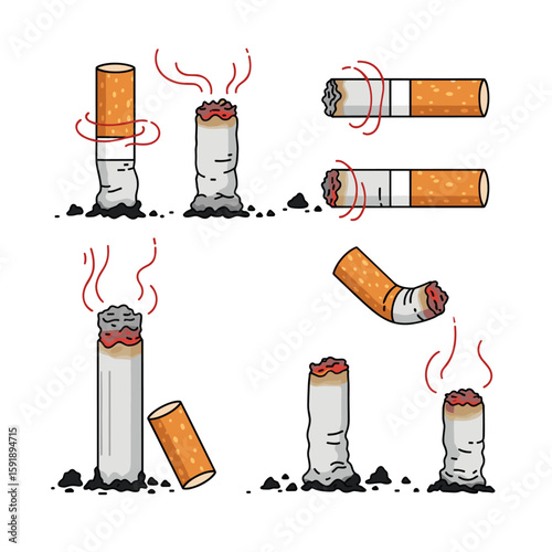 Collection of cigarette butts in various states of being smoked and extinguished on dirty ground