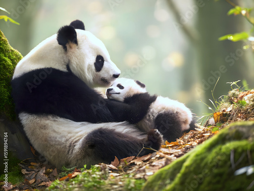 Tender Mama Panda Cuddling Her Adorable Baby Cub