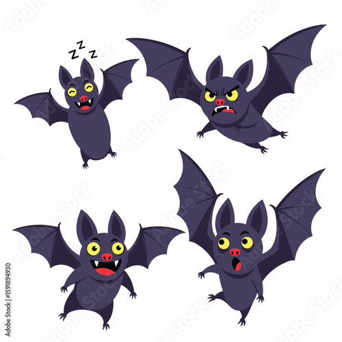 Four adorable halloween bats showing different expressions and emotions for spooky fun