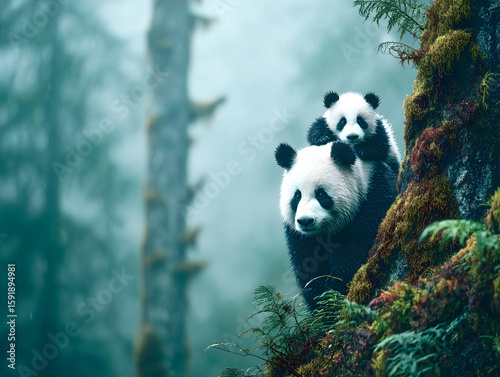 Mama Panda with Baby on Back in Misty Forest
