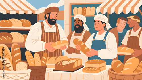 An illustration of bread vendors proudly showcasing their bread to each other