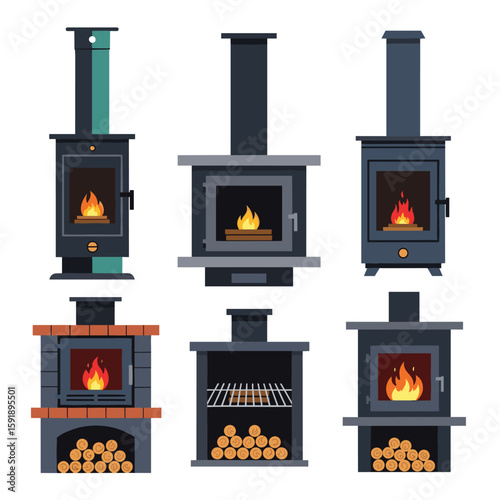 Collection of modern and traditional outdoor fireplaces and wood burning stoves for cozy ambiance