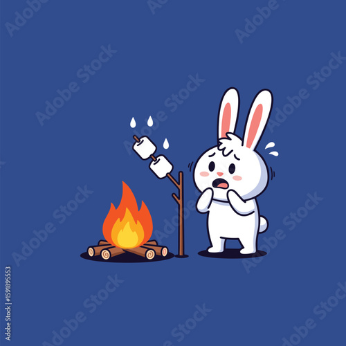 A cute fluffy bunny tries to roast marshmallows over a campfire but is clearly distressed by the heat and smoke